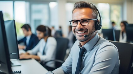 Customer support team: A professionals in an office, wearing headsets and utilizing technology to provide excellent customer service, emphasizing effective communication and support