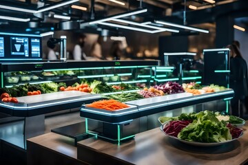 Create an innovative salad bar with AI-controlled robotic arms that assemble personalized salads based on dietary preferences and nutritional needs - obrazy, fototapety, plakaty