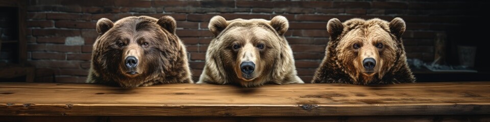 Fototapeta premium Three Bears of Different Coloration Standing Next to a Wooden Table
