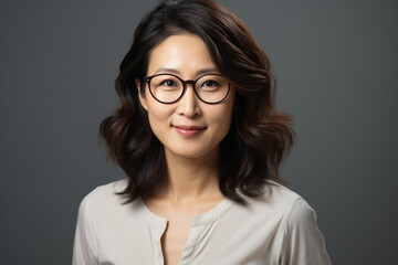 Fototapeta premium Portrait of a smiling mid aged asian businesswoman in eyeglasses.