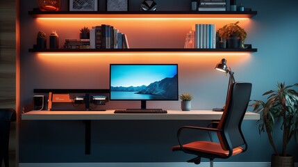 Home workplace with warm led desk lighting and large computer monitor