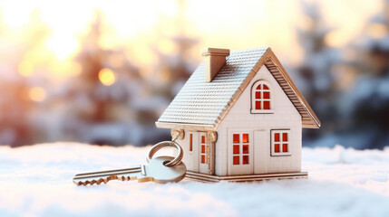 Key on keychain with small house in winter landscape - obrazy, fototapety, plakaty