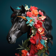 Image of black horse head clean colorful tropical flowers. Farm animals., Mammals.