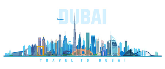 Dubai city landmarks horizontal colourful vector illustration on white background, UAE	