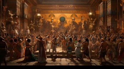 a lively performance of Egyptian musicians and dancers entertaining a crowd - obrazy, fototapety, plakaty