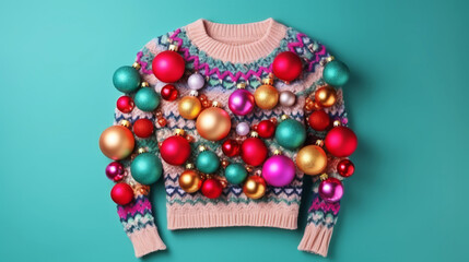 Funny ugly christmas sweater design with colorful christmas baubles - obrazy, fototapety, plakaty