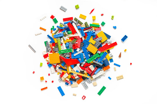 White Surface with Various Building Toys: Creative Construction Play. Lego blocks. Novosibirsk, Russia - October 26, 2023.