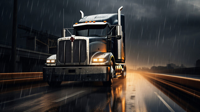 A picture of a large truck driving down a wet road