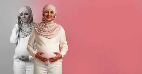 Mood Swings During Pregnancy. Pregnant Muslim Woman In Hijab Expressing Different Emotions - obrazy, fototapety, plakaty