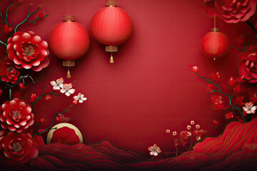abstract lunar new year background, with 3d lanterns and flowers - obrazy, fototapety, plakaty
