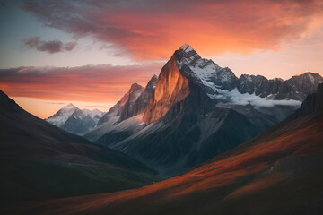 Naklejka na ściany i meble A majestic mountain range, with a heart-shaped peak, standing tall against a vibrant sunset sky.