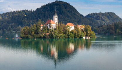 Fototapeta na wymiar Bled, Slovenia. 09 30 2023. Island on lake Bled with old church