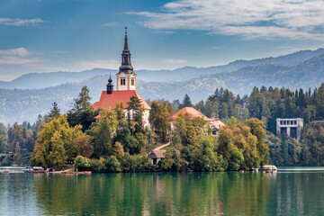 Bled, Slovenia. 09 30 2023. Island on lake Bled with old church - obrazy, fototapety, plakaty
