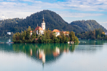 Fototapeta na wymiar Bled, Slovenia. 09 30 2023. Island on lake Bled with old church