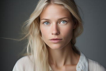 Naklejka premium Portrait of beautiful young blonde woman looking at camera isolated on grey.