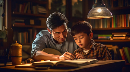 An Asian father teaches his son at his desk in the living room in front of books