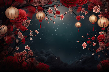 abstract lunar new year background, with 3d lanterns and flowers - obrazy, fototapety, plakaty