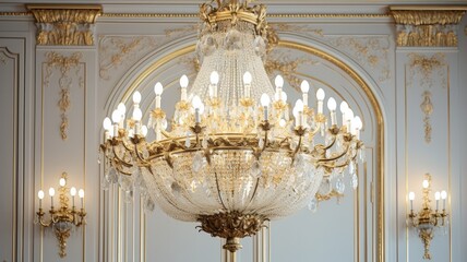Fototapeta premium Luxury chandelier which is the highlight of the ballroom. Generative AI Technology 