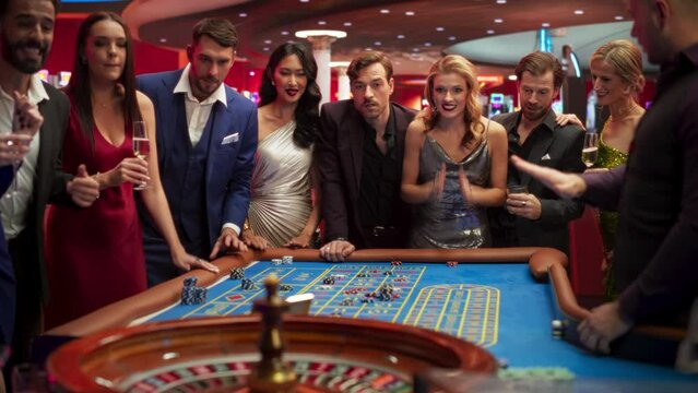 Casino Enthusiasts Making Calculated Bets at a Roulette Table. International Crowd of Young Beautiful and Handsome Adults Enjoying the Night Out Activity. One Lucky Gambler Grabbing the Jackpot