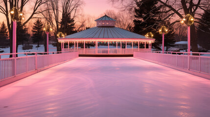Empty street ice rink for figure skating. Nice Christmas ice skating rink, winter entertainment, public recreation in the New Year holidays, pink. - obrazy, fototapety, plakaty
