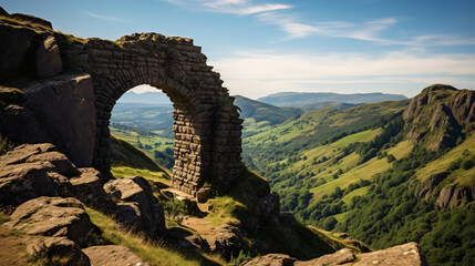 A picture of a stone arch with a breathtaking view