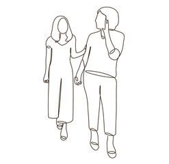 A front view line art of friendships of two young girlfriends walking and talking to each other. love relationship