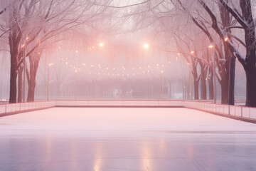 Empty street ice rink for figure skating. Nice Christmas ice skating rink, winter entertainment, public recreation in the New Year holidays. - obrazy, fototapety, plakaty
