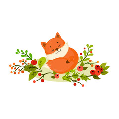 Cute sleeping red fox illustration with floral elements. Kids print design.