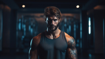 Fit man in a gym with tattoos and a focused, serious look - Powered by Adobe