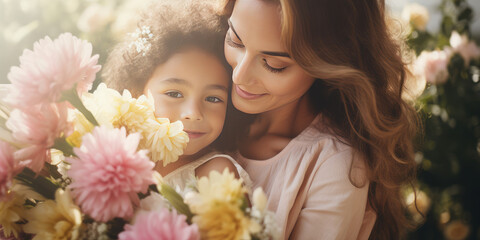 Fototapeta premium Mom and daughter hugging surrounded by fresh flowers. Bouquet of flowers as a gift for Mother's Day, motherhood and childhood, togetherness, happiness to be a family.