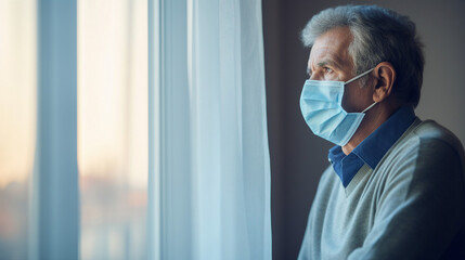 Elderly man in a mask by the window, reflecting on the pandemic isolation