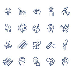 Creative business solutions related icon set. Innovation, team management, idea, brainstorm, thought. line icons