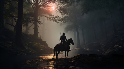 a medieval warrior on horseback silhouette. Generative  ai - obrazy, fototapety, plakaty