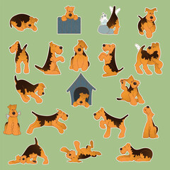 Set of stickers with a dog. Airedale Terrier. Cheerful puppy. Stickers in cartoon style. Puppy character. Sticker pack