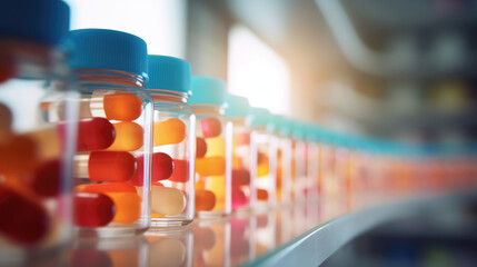 Wallpaper background of pharmacy shelf with rows of pill bottles and boxes, showcase of pharmaceuticals and different medication supply, copy space.
