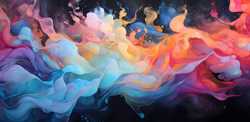 an abstract image of a colorful liquid falling on a black background, in the style of ethereal cloudscapes, painted illustrations, bright palette, smokey background - obrazy, fototapety, plakaty