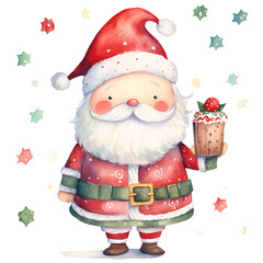 Obraz premium Cute Holly Jolly Man Claus Christmas Watercolor Clipart Illustration
