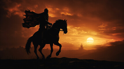 a medieval warrior on horseback silhouette. Generative  ai