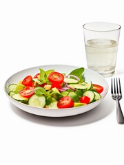 Vegetable salad and glass of water on white background.