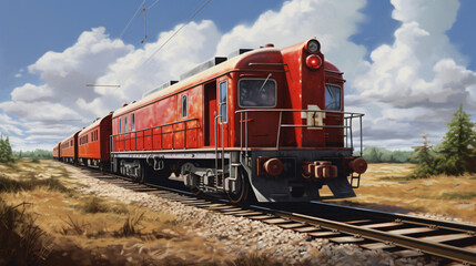 A picture of a train with a red wagon on the tracks. - obrazy, fototapety, plakaty