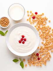 Fototapeta na wymiar Top view of bowl of yogurt and cereals.