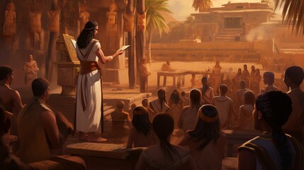a scene of an ancient Egyptian teacher instructing students in a school