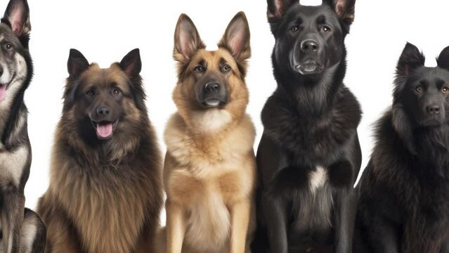 Slow motion of dogs, purebred domestic pet in row group, white background, closeup.