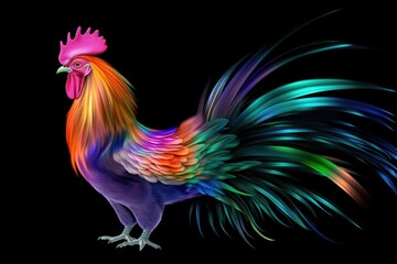Fototapeta premium A colorful rooster standing on a black background