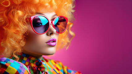 Close-up portrait of a fashionable young woman dressed in y2k style with large retro sunglasses, colourful shirt, make-up, wearing curly perm dyed orange, copy space. - obrazy, fototapety, plakaty