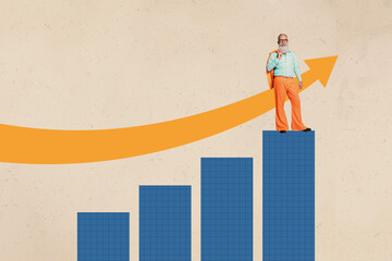 Collage image of pinup pop retro sketch of funny senior man pensioner data analysis success plan top arrow up magazine surrealism metaphor