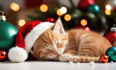 Obraz na płótnie Canvas Cute ginger kitten in red Santa hat sleeping among Christmas decor with garland lights bokeh festive background.Generative AI