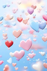 Heart Shape on blue Background. Love, Romance and Valentine's Day. Hearts levitating in sky vertical background in pastel colors