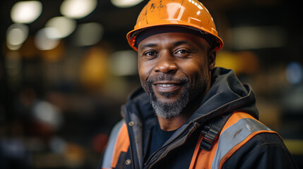 Smiling Portrait of Mature African American man engineer industrial-machinery mechanic in orange hard hat and safety vest and standing in modern factory workshop