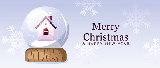 Merry Christmas and Happy New Year. Christmas background with a glass snow globe, a winter house, snowflakes.Festive Christmas background.Web banner.Vector illustration.
